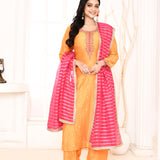 Orange Embroidered Straight Kurta And Palazzo With Pink Scalping Dupatta