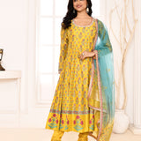 Golden Yellow Block Printed Anarkali And Churidar With Aqua Lace Finish Dupatta