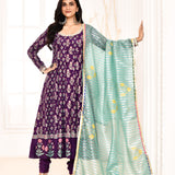 Purple Block Printed Anarkali And Churidar With Aqua Lace Finish Dupatta