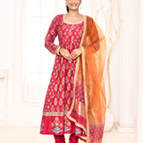 Pink Block Printed Anarkali And Churidar With Orange Lace Finish Dupatta