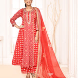 Red Hand Embroidery With Block Printed A-Line Kurta And Palazzo