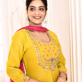 Yellow Hand Embroidery With Block Printed Straight Kurta And Palazzo