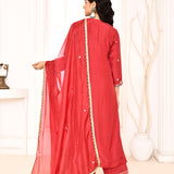 Red Hand Embroidery With Block Printed Straight Kurta And Palazzo