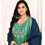 Green Hand Embroidered Straight Kurta And Palazzo With Navy Blue Dupatta