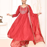 Red Hand Embroidered Anarkali And Palazzo With Pink Dupatta
