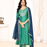 Dark Green Hand Embroidered Straight Kurta And Palazzo With Navy Blue Dupatta