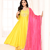 Yellow Hand Embroidered Straight Kurta And Palazzo With Pink Dupatta