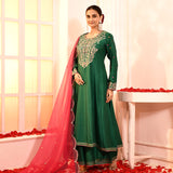 Green Embroidery Neck Anarkali And Gottalace Finish Flair Palazzo Set