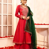 Red Embroidery Neck Anarkali And Gottalace Finish Flair Palazzo Set