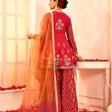 Rani Pink Block Print With Embroidery Outing Kurta And Sharara Set