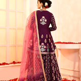 Purple Block Print With Embroidery Outing Kurta And Sharara Set