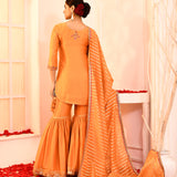 Orange Hand Embroidered Cotton Silk Kurta And Gharara Set