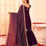Purple Hand Embroidered Cotton Silk Kurta And Gharara Set