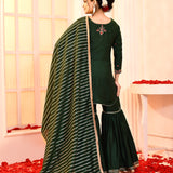 Green Hand Embroidered Cotton Silk Kurta And Gharara Set