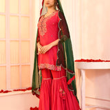 Red Embroidered Cotton Silk Kurta And Gharara Set With Contrast Dupatta
