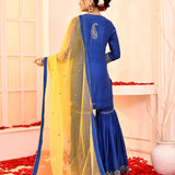 Blue Embroidered Cotton Silk Kurta And Gharara Set With Contrast Dupatta