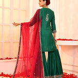 Green Hand Embroidered Cotton Silk Kurta And Gharara Set With Contrast Dupatta