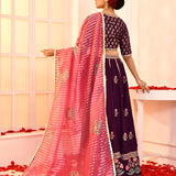 Purple Hand Embroidered Blouse And Foil Printed Lehenga Set