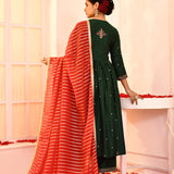 Green Hand Embroidered Kurta And Palazzo Set