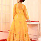 Yellow Block Printed With Neck Dori Embroidered Blouse And Foil Printed Lehenga Set