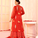 Red Block Printed With Neck Dori Embroidered Blouse And Foil Printed Lehenga Set