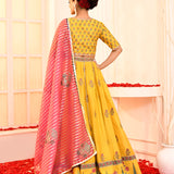 Yellow Hand Embroidered Blouse And Foil Printed Lehenga Set