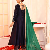 Dark Blue Hand Embroidered Flared Kurti And Palazzo Set