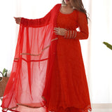 Red Anarkali Set With Matching Pant And Dupatta