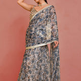 Beige Blue Georgette Readymade Saree With Floral Prints
