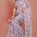 Grey Chiffon Ready-Made Saree With Floral Prints