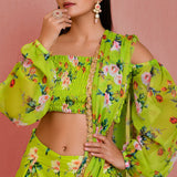 Green Georgette Ready-Made Saree With Floral Prints