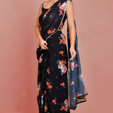 Black Georgette Ready-Made Saree With Floral Prints