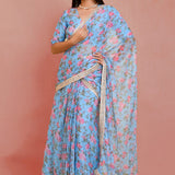 Blue Georgette Ready-Made Saree With Floral Prints