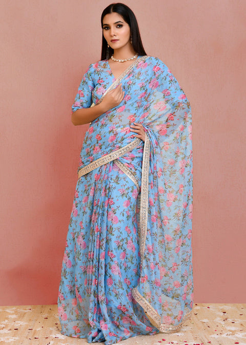 <img> Blue Georgette Ready-Made Saree With Floral Prints