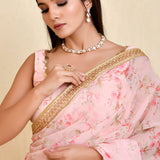 Pastel Pink Georgette Ready-Made Saree With Floral Prints