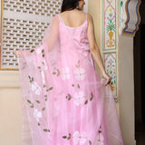 Baby Pink Satin Silk Anarkali Set With Floral Prints