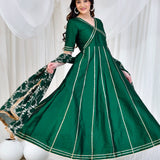 Bottle Green Silk Anarkali Set With Embroidered Dupatta