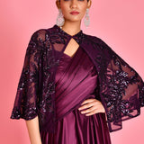 Wine Satin Draped Saree Gown With Embroidery Cape