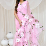 Pink Gown Organza Fusion Sarees With Hand Painted