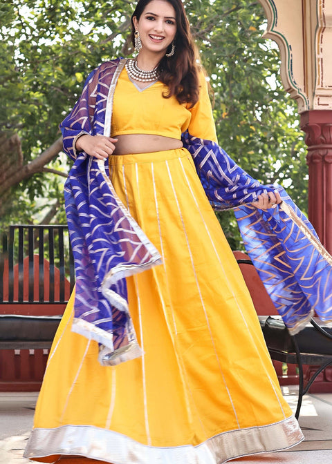 <img> Golden Yellow Cotton Lehenga Set With Organza Dupatta