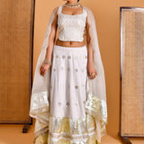 Smoke White Cotton Silk Lehenga Set With Organza Dupatta