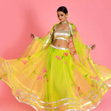 Light Lime Green Cotton Lehenga Set With Organza Dupatta
