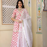 White And Red Floral Printed Cotton Kurta With Skirt Set