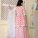 White And Red Floral Printed Cotton Kurta With Skirt Set