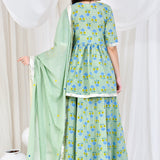 Greenish Grey Cotton Kurta Skirt Set