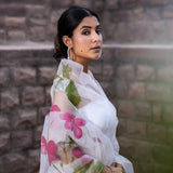 White Floral Painted Organza Saree
