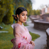 Pastel Pink Floral Painted Organza Saree