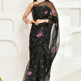 Black Floral Hand Painted Organza Saree