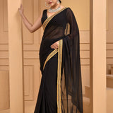 Smooth Black Georgette Saree With Lace Work Border