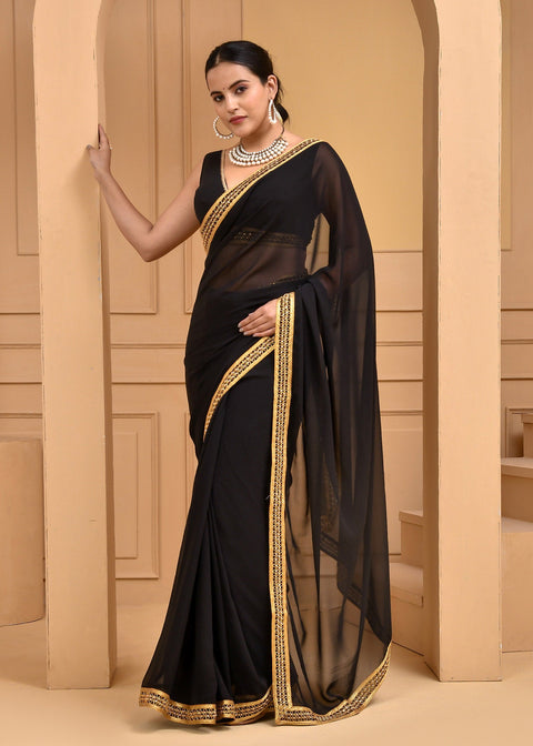 <img> Smooth Black Georgette Saree With Lace Work Border